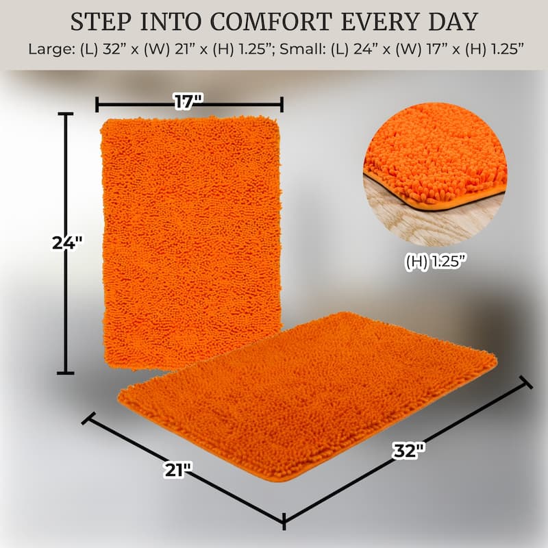 Bathroom Rugs - 2-Piece Memory Foam Bathroom Set with Chenille Shag Top and Non-Slip Base by Lavish Home (Orange)