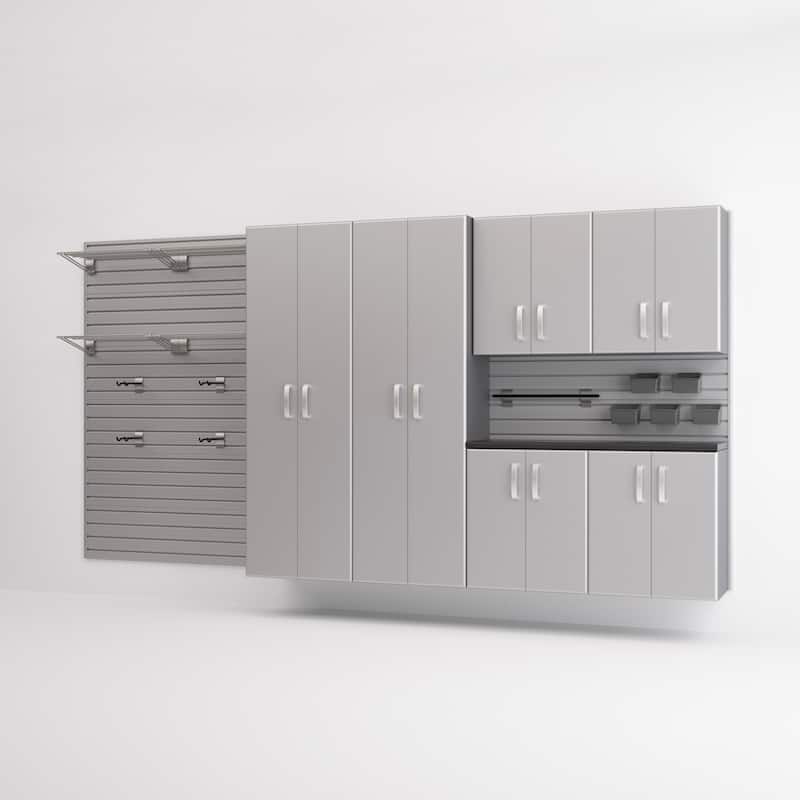 Flow Wall 7 Piece PVC Indoor Cabinet and Shelf Set - Silver Slatwall / Silver Cabintets