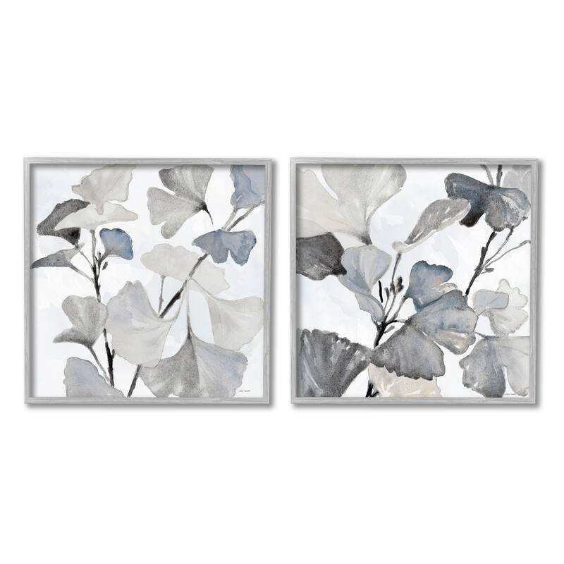 Stupell Elegant Monochromatic Plant Leaves Botanical Illustration Framed 2 Piece Wall Art - White - 17 x 17 - Grey