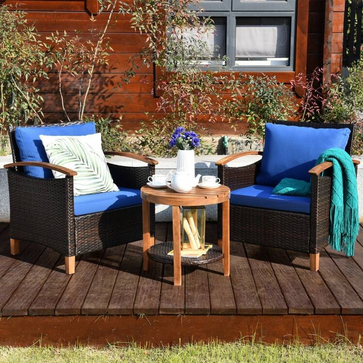 3-Piece Patio Rattan Furniture Set with Solid Wood Frame