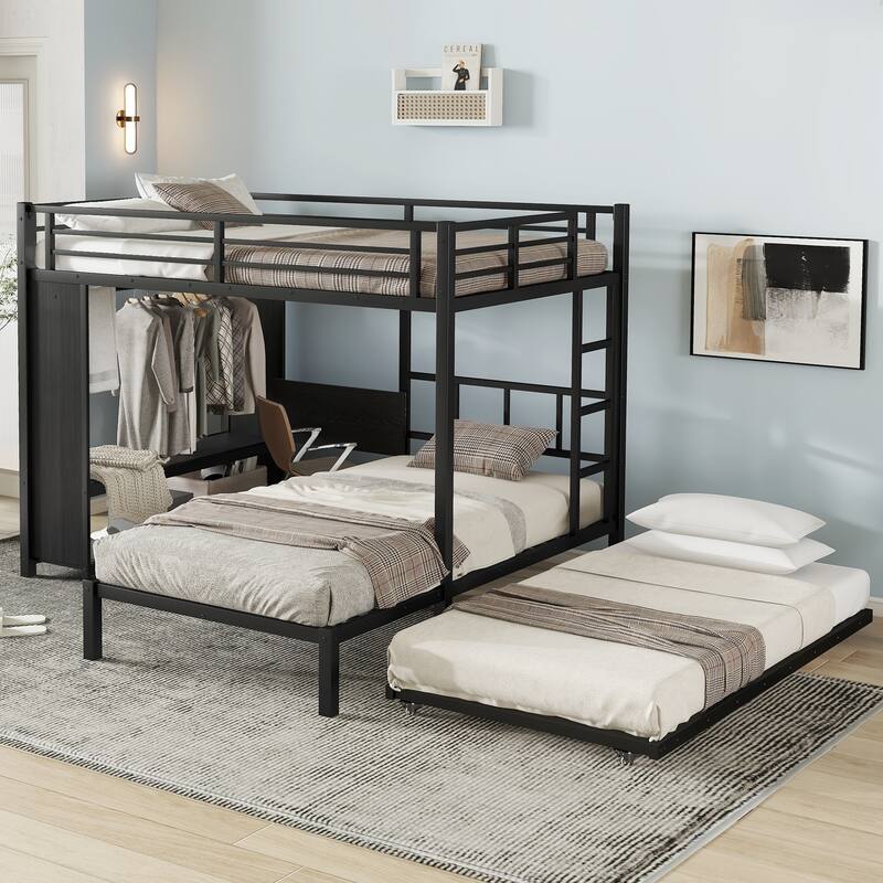 Full over Twin Bunk Bed with Built-in Wardrobe,Metal Bunk Bed with Trundle,Foldable Desk,Ladders,Noise-reduced design