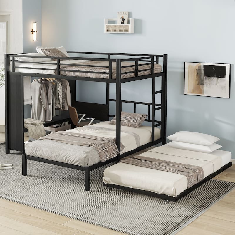 Full-over-Twin Metal Bunk Bed with Built-in Wardrobe, Trundle and Foldable Desk
