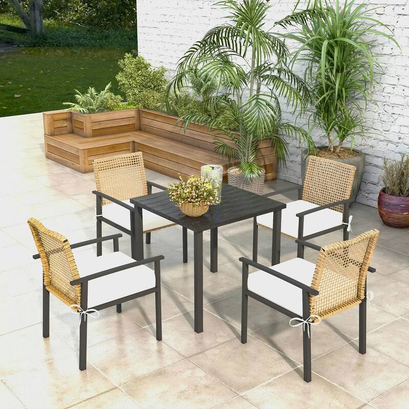 5-Piece Outdoor Dining Set for 4, Wicker Chairs, Cushions, Metal Table