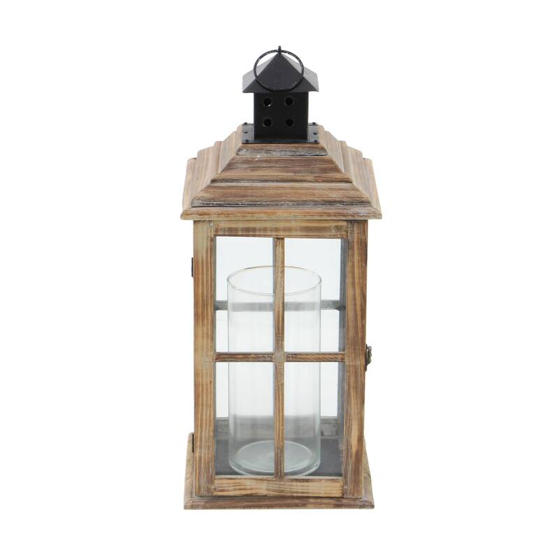 Brown or Light Brown Wood Lighthouse Style Decorative Indoor Outdoor Candle Lantern with Black Ring Handle