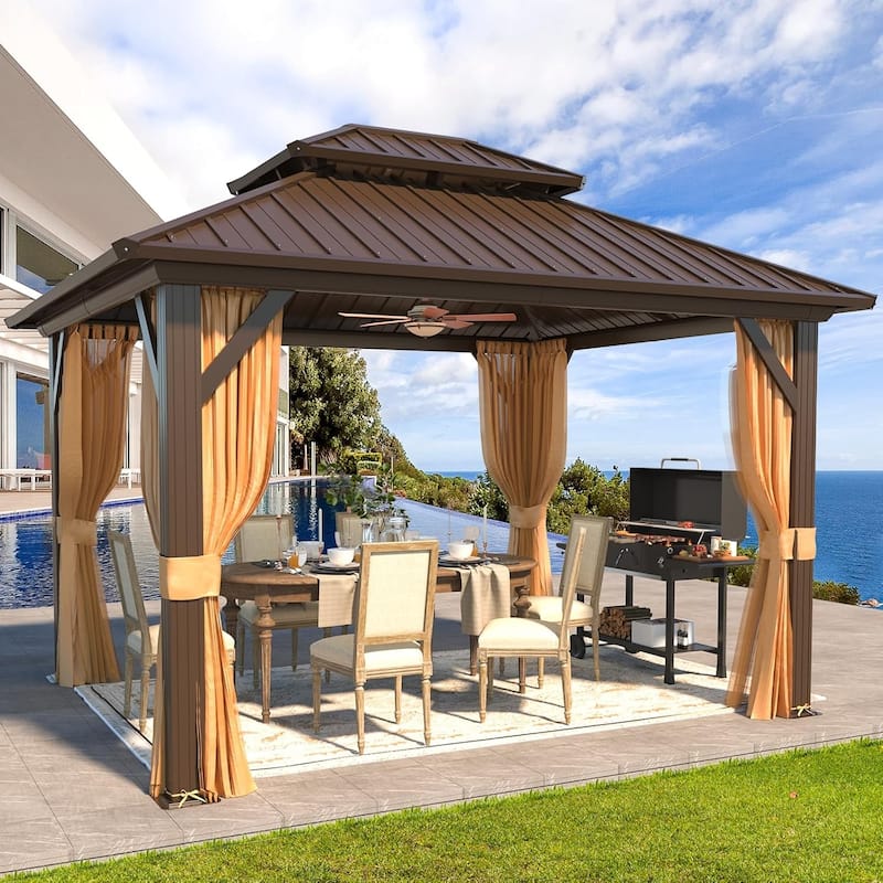 Outdoor Hardtop Gazebo with Galvanized Steel Double Roof & Aluminum Frame, Outdoor pergola with Premium Curtains and Nettings