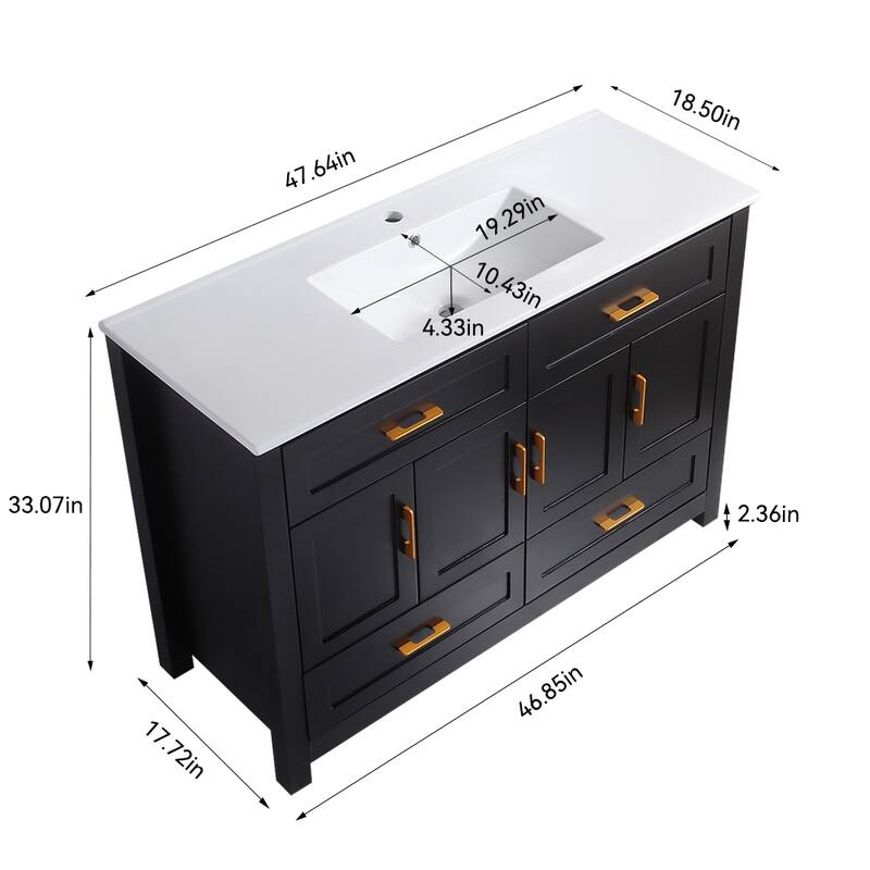 48 Inch Bathroom Vanity with Ceramic Sink Combo, MDF Freestanding Vanity Cabinet with 4 Soft Close Doors and 4 Drawers