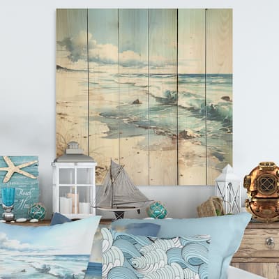 Designart "Ocean Charm In Winter I" Ocean Wood Wall Decor Nautical & Coastal Turquoise Wood Panel On Natural Pine Wood