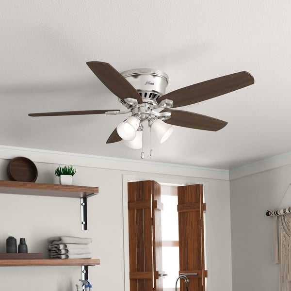 slide 2 of 16, Hunter 52" Builder Low Profile Ceiling Fan with 3-Light Light Kit and Pull Chain - Casual, Traditional, Transitional Brushed Nickel with Cherry-Mahogany blades