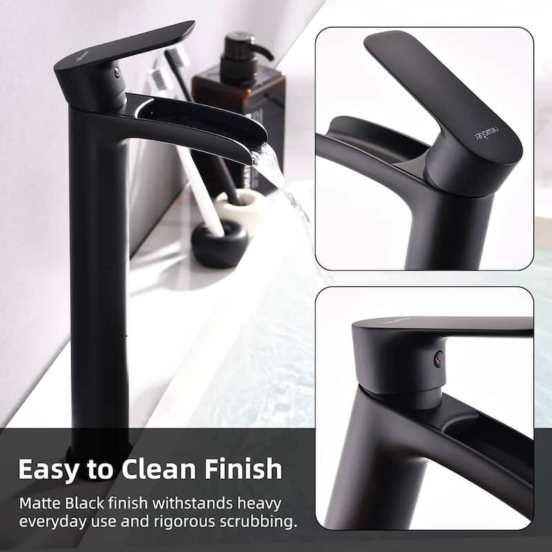 Vessel Sink Faucet Waterfall Bathroom Faucet, Matte Black