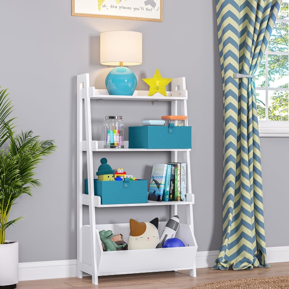 RiverRidge Kids 4-Tier 24in Ladder Shelf Toy Organizer with 3 Open Display Shelves- White with Two 5" Fabric Bins