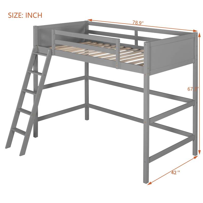 Roomfitters Solid Wood Twin Loft Bed with Ladder Guard Rails Pine Frame, Grey