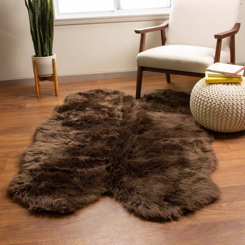 Silver Orchid Parrott Faux Fur Sheepskin Area Rug - 4' x 6' Shaped - Dark Brown