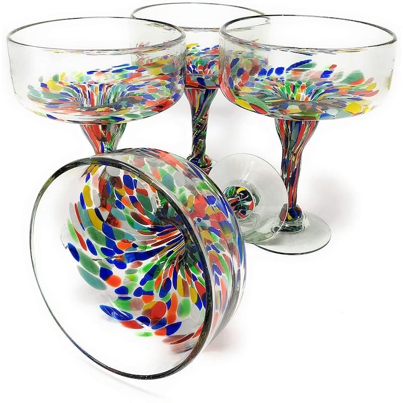 Dos Suenos Mexican Hand Blown Glass - Set of 4 Hand Blown Margarita Glasses Confetti Carmen (16 oz) - Multi