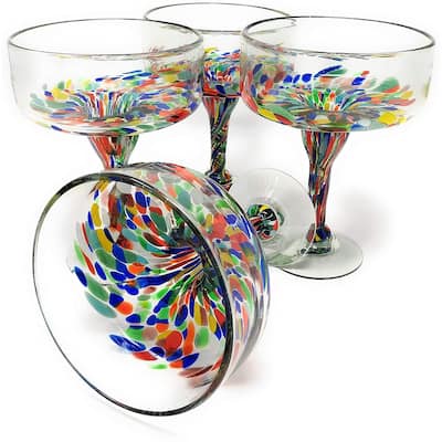 Dos Suenos Mexican Hand Blown Glass - Set of 4 Hand Blown Margarita Glasses Confetti Carmen (16 oz)