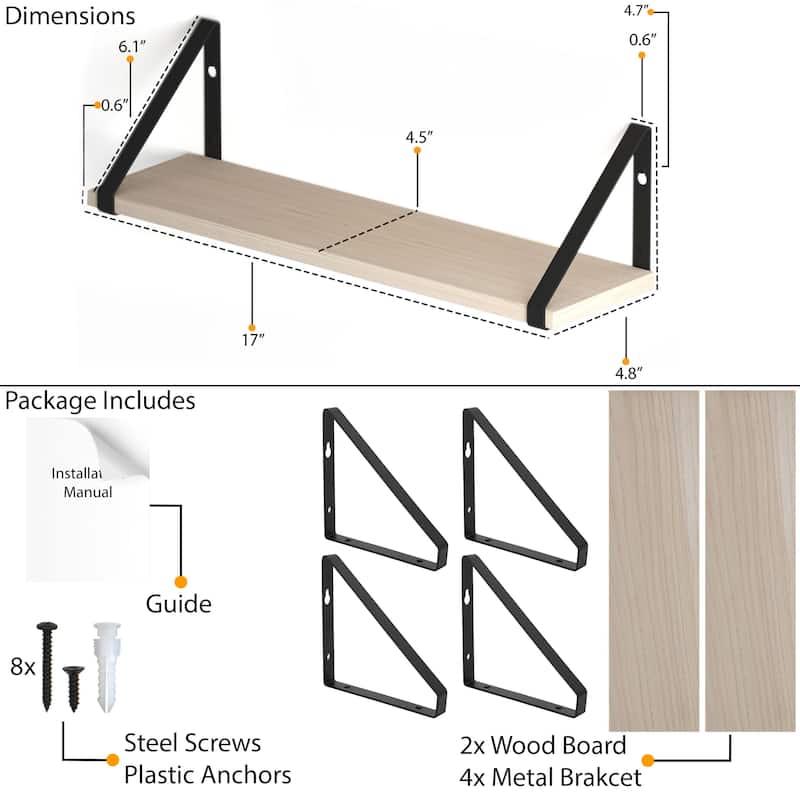 Wallniture Ponza 17" Wood Floating Shelves for Wall, Rustic Decor (Set of 2)