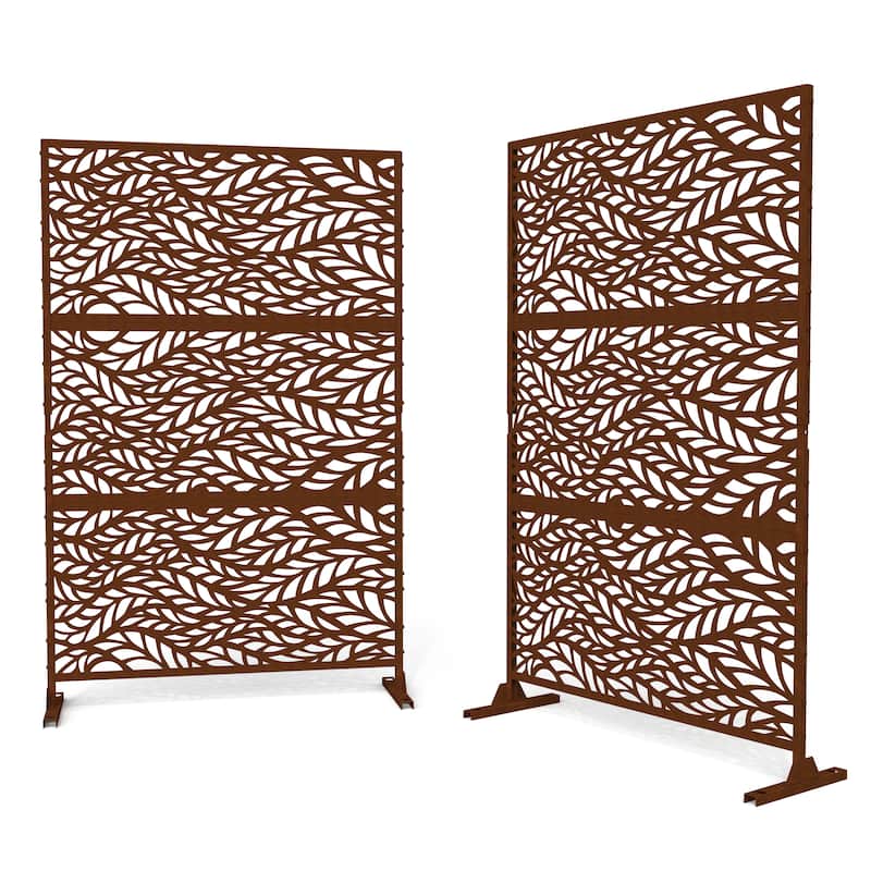 2Set Patio Outdoor Privacy Metal Screens and Panels - Reddish Brown - 007-Leaves