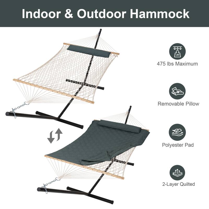 Rope Hammock with Detachable Pillow and Pad, 12FT Steel Stand Included