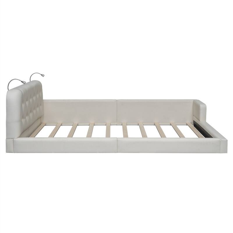 Upholstered Platform Bed with 2 Bulit-in Reading Lights, Queen Size PU Bed Frame Floor Bed with Button Tufted Design Headboard