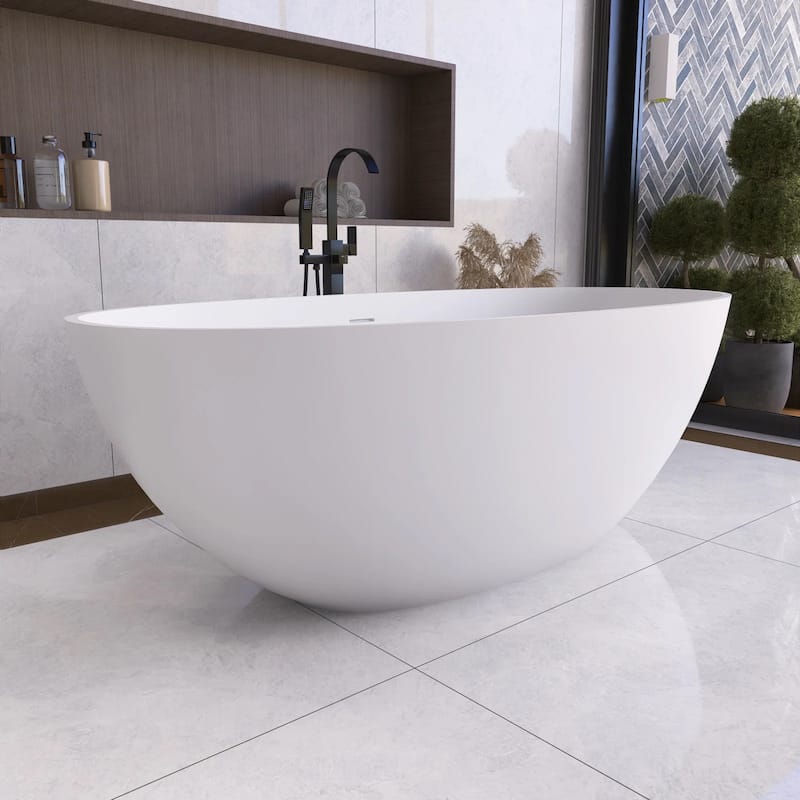 67 Inch Solid Surface Freestanding Soaking Bathtub in Matte White
