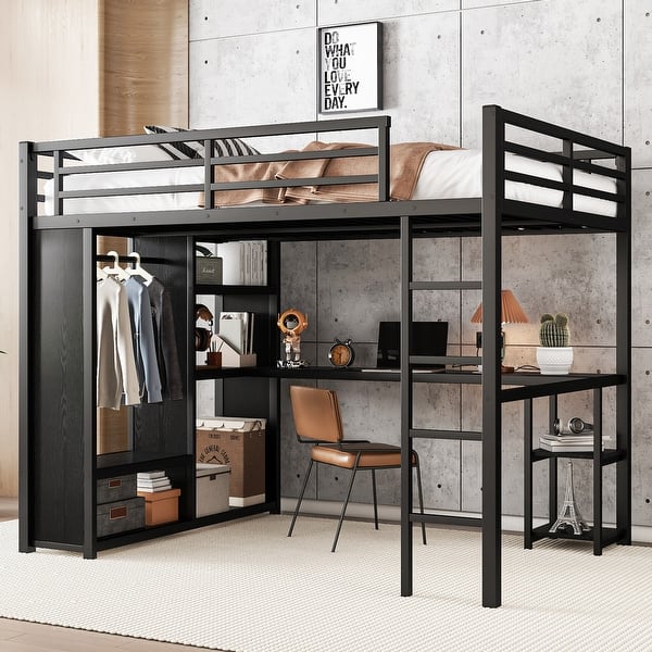 slide 2 of 44, Loft Bed with Built-in Wardrobe, Desk, and Storage Shelves, Space-Saving Design Black - Queen