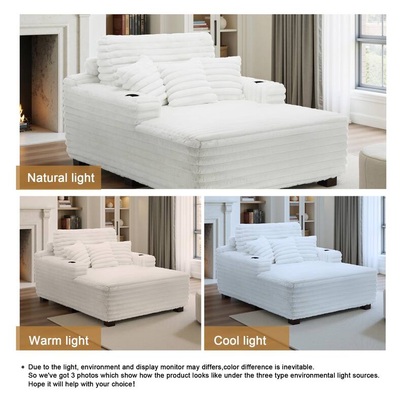 53"W Oversized Plush Fur-Like Chaise Lounge Sofa with Cup Holder