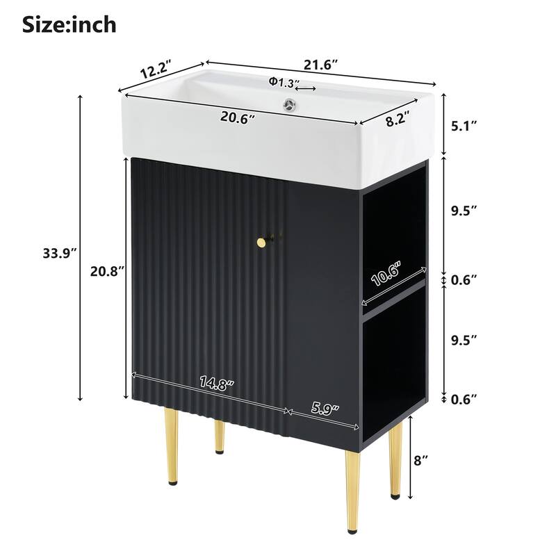 21.6" Bathroom Vanity, Combo Cabinet, Bathroom Storage Cabinet, Single Ceramic Sink, Right Side Storage