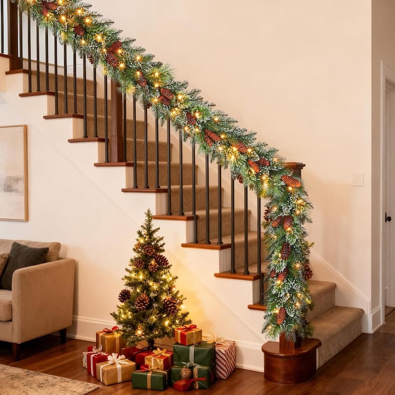 9 Feet Pre-Lit Christmas Garland with Lights 30 LED Battery Operated Christmas Lights with Pine Cones Berry Eucalyptus Leaves