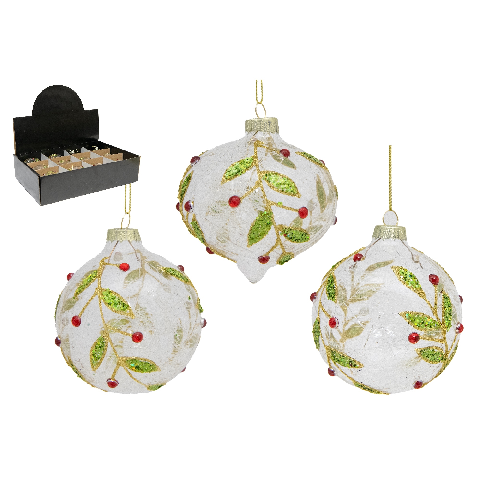 Glitter Holly Berries Glass Ornament Assorted- Set of 12