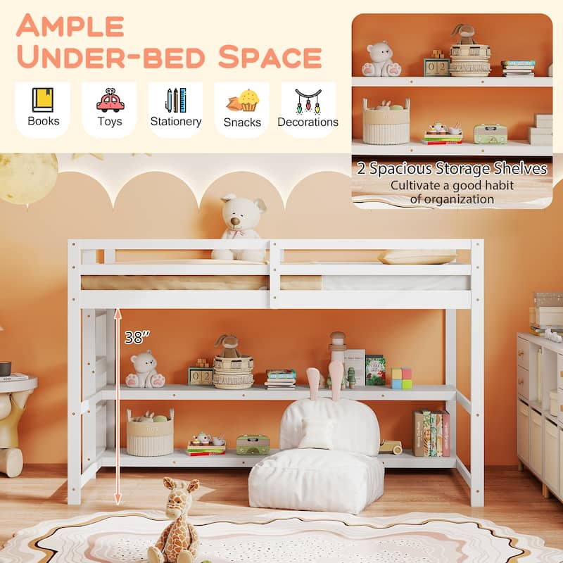 White Wood Frame Twin Loft Bed with Storage Shelves and Ladder Guardrails for Kids Room