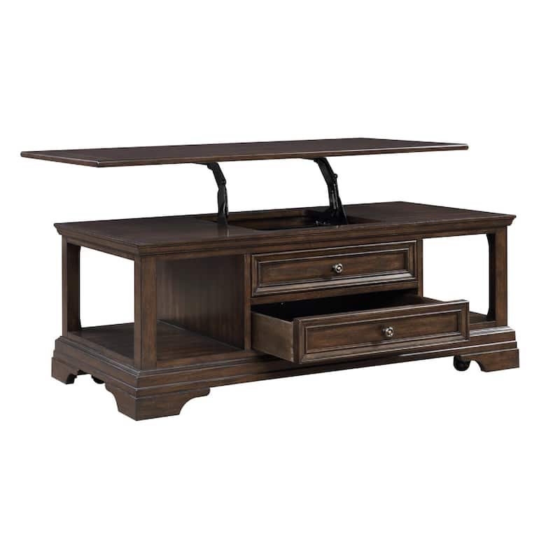 Tabby Lift-Top Coffee Table, Side Shelves and Caster Wheels, Brown