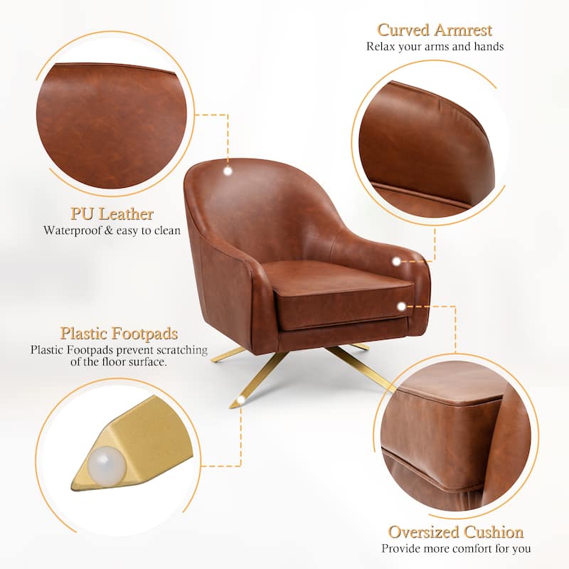 Faux Leather Sofa Chair Upholstered Swivel Accent Chair Mid-century Modern Armchair