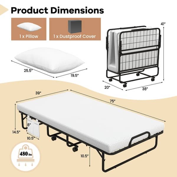 Twin Size Rollaway Guest Folding Bed with Mattress Sturdy Heavy Duty Frame