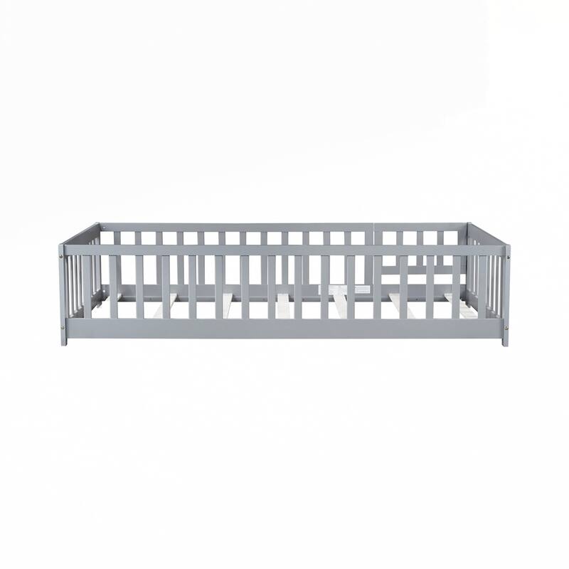 Rubber Wood Floor Bed with Safety Guardrails