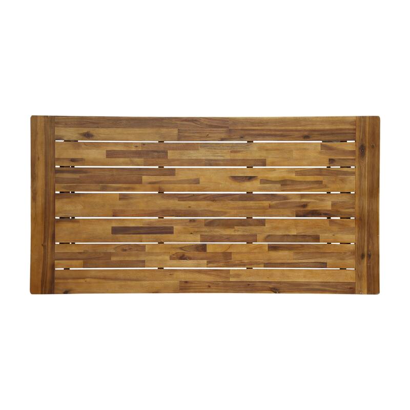 7 Piece Outdoor Patio Dining Table Set Acacia Wood Rectangular Dining Table with 6 Removable Cushions Arm Chairs