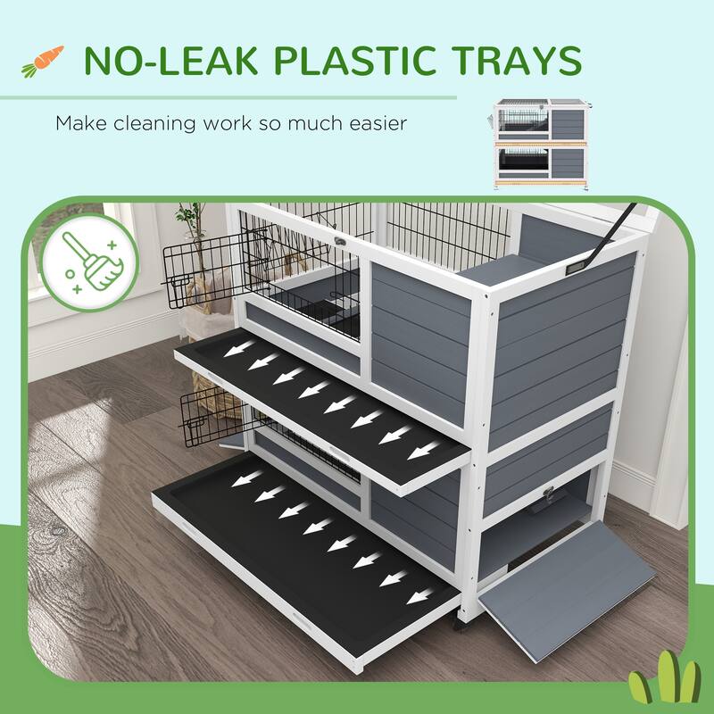 White and Grey Double-Decker Bunny Hutch with Ramps Tray and for Small Animals - 35.5" L x 20.75" W x 38.25" H