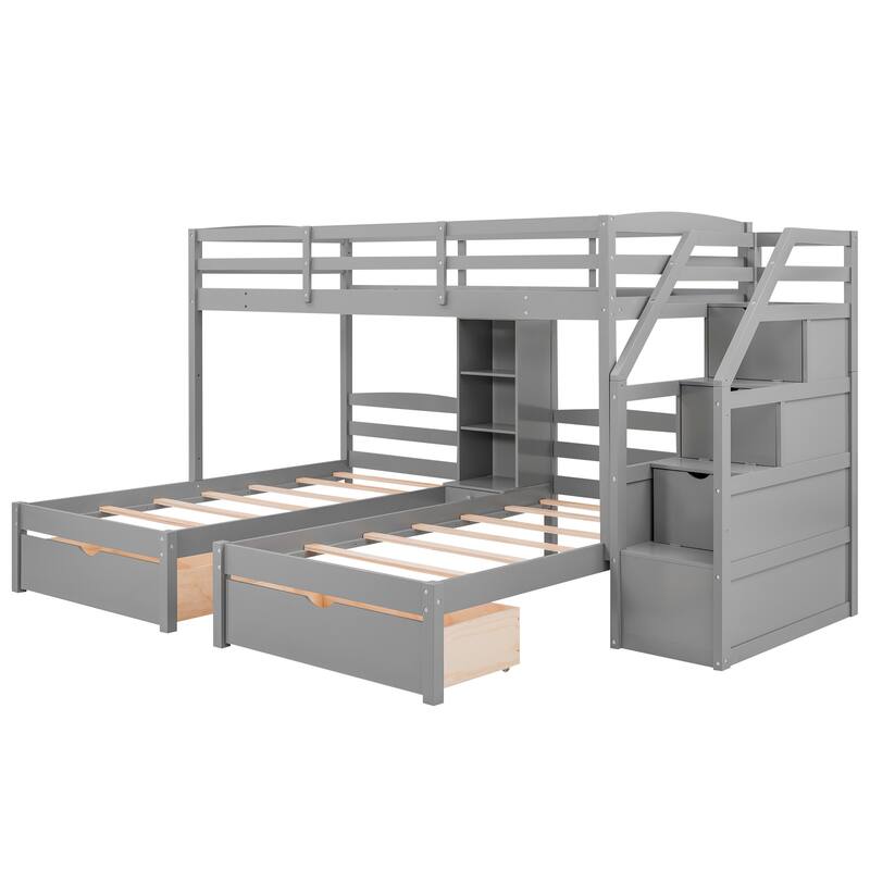 Twin Over Twin & Twin Pine Triple Bunk Bed with Drawers, Staircase, and Shelves
