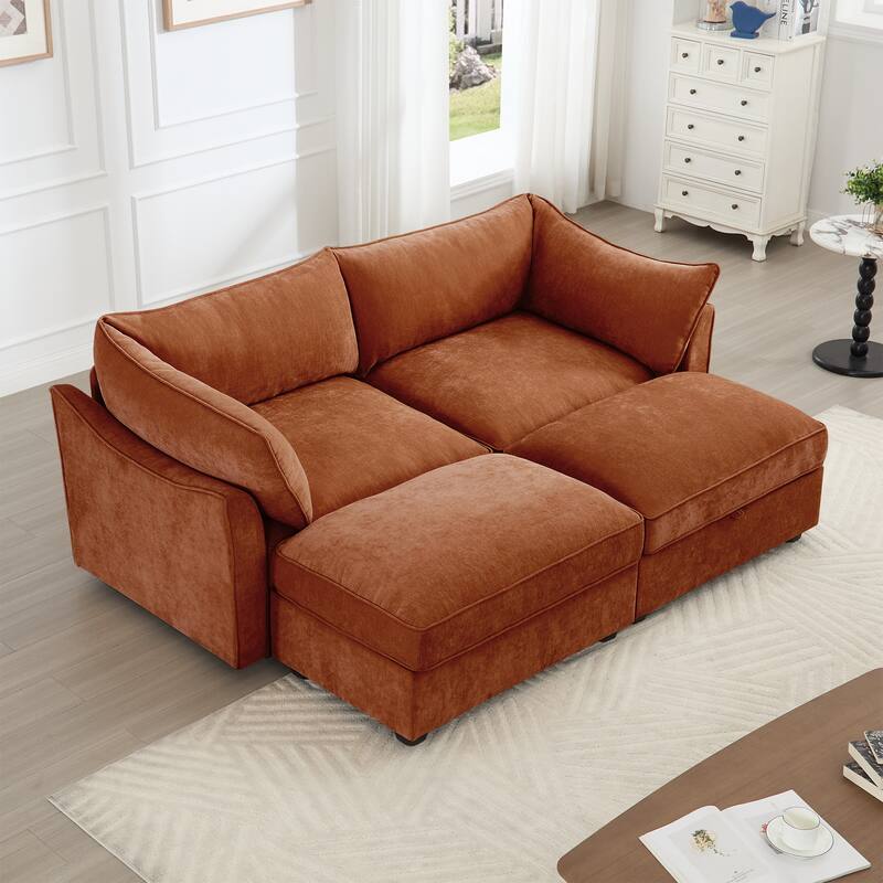 Modern Chenille Sectional Sofa Couch with Hidden Storage & 2 Ottoman - Orange