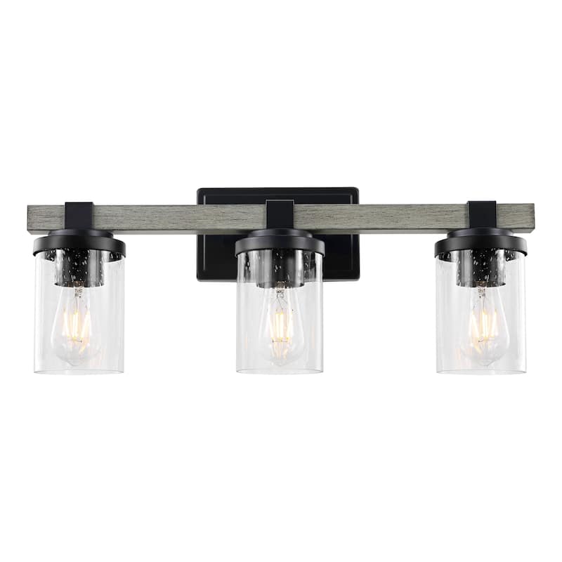 Ferme Iron/Seeded Glass Rustic LED Vanity Light, by JONATHAN Y - 3-Light - Black/Gray Oak Wood Finish