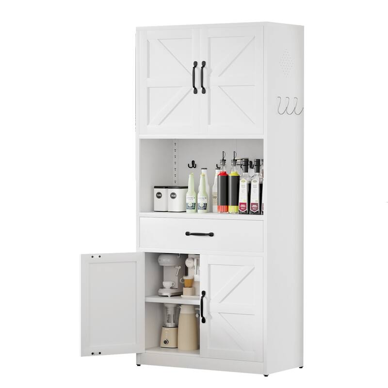 71" White Steel Kitchen Pantry with Large Countertop, Adjustable Shelves, Drawers & Hooks