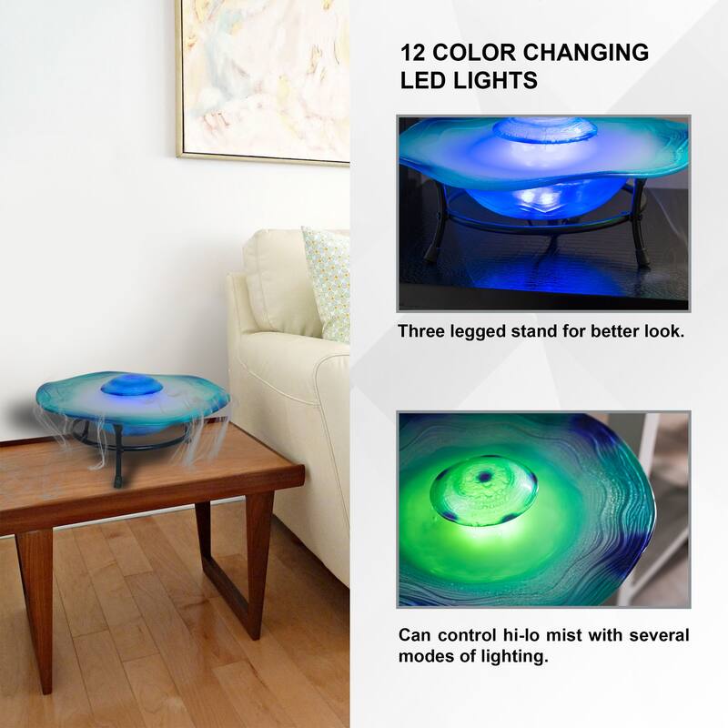 8in Tabletop Mist Fountain with LED Lights and Inline Control – Elegant Blue Glass and Metal Design, Tabletop Mist Fountain
