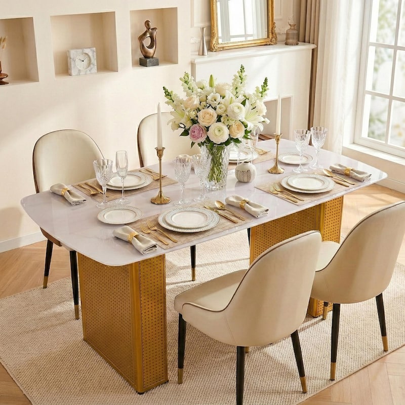 Modern Rectangular Tempered Glass Dining Table, Marble-Patterned Design with Gold Dual-Pedestal Metal Base for Dining Room - Gold