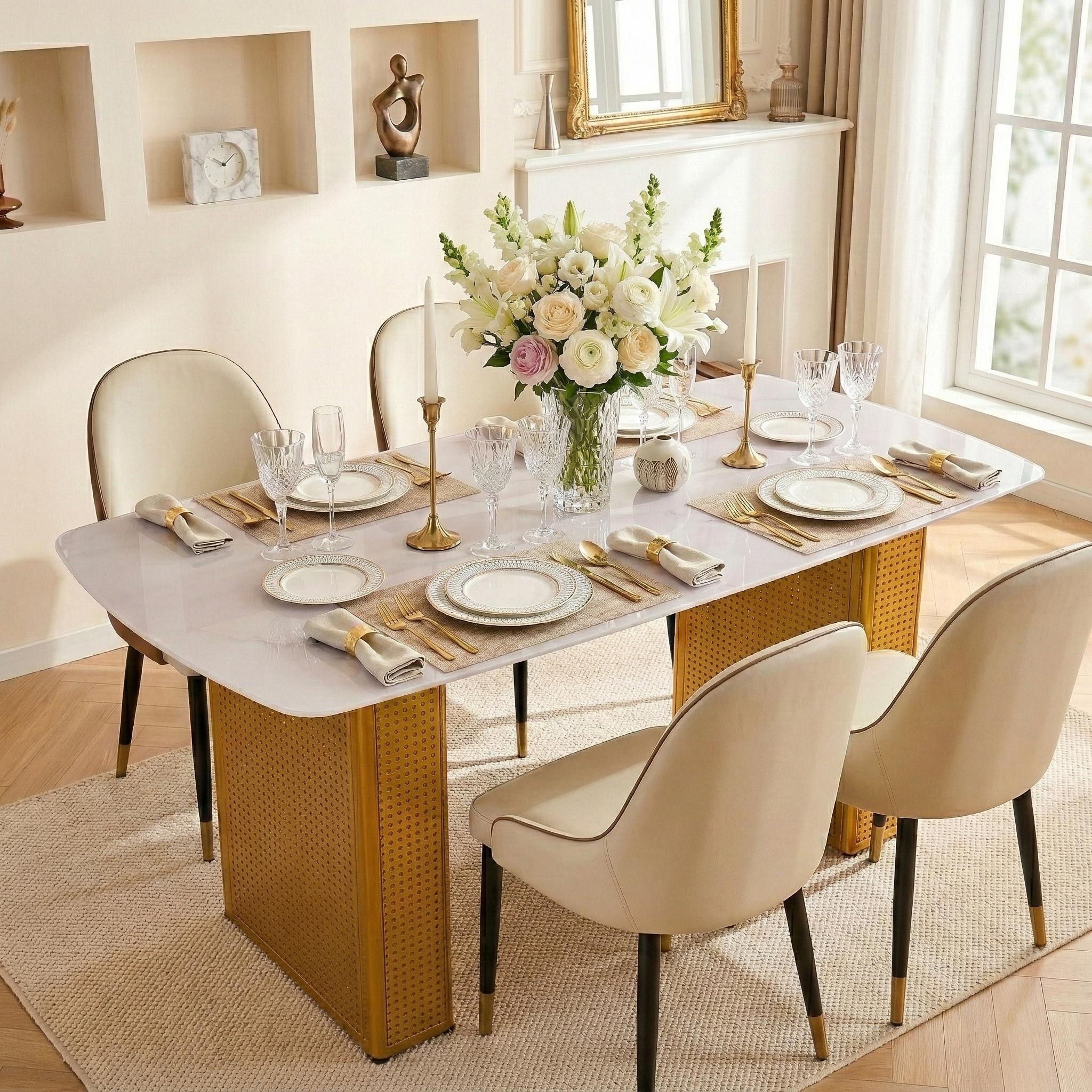 Modern Rectangular Tempered Glass Dining Table, Marble-Patterned Design with Gold Dual-Pedestal Metal Base for Dining Room