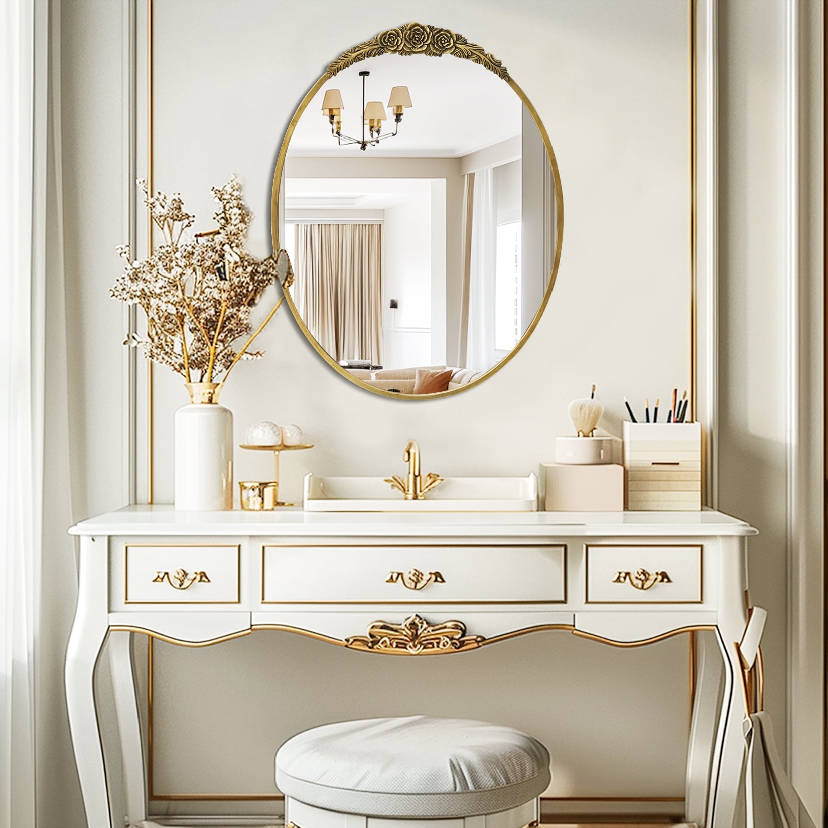 Glam Oval Wall Mirror Antique Gold Bohemian Mirror with Rose - 24