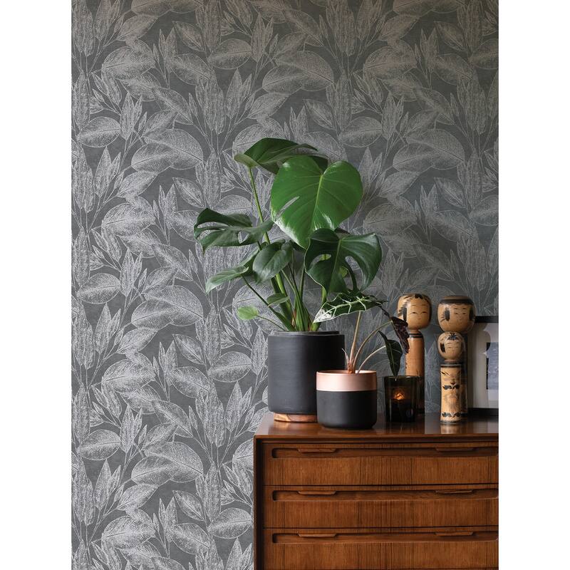 Advantage Suki Grey Leaves Wallpaper - 20.9in x 396in x 0.025in - 20.9in x 396in x 0.025in