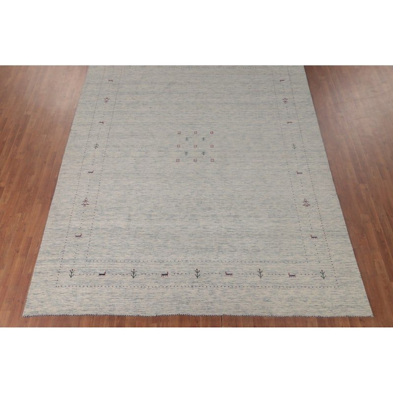 Tribal Gabbeh Area Rug Hand-Knotted Beige / Ivory Wool Carpet - 9'0"x 11'6"