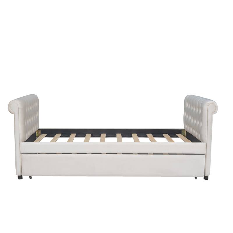 Beige Upholstered Twin Size Daybed Sofa Bed with Trundle, Fabric and Wood Frame Wood Slat Support