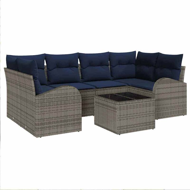 vidaXL 7 Garden Sofa Set with Cushions Black/Brown/Grey Poly Rattan - 92.1 x 48.8 x 27.2