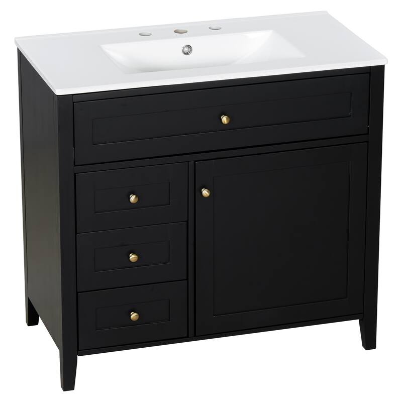 Roomfitters 36" Bathroom Vanity with Sink, Solid Wood Legs, 4 Drawers & Cabinet with Adjustable Shelf