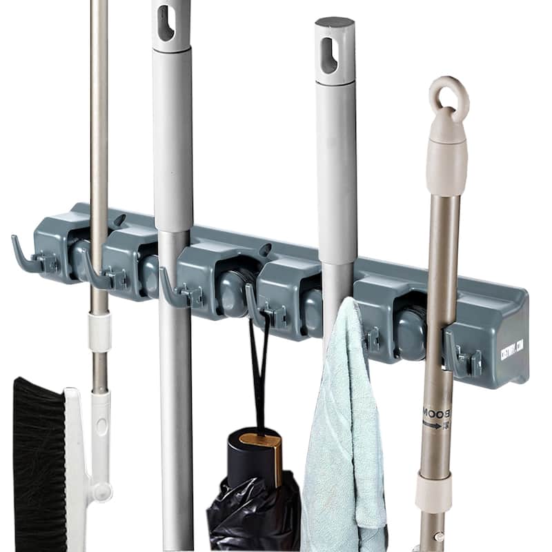 Costway Mop Broom Holder Garden Tool Rack Organizer 5 Positions w/6 - See details - Grey - See details