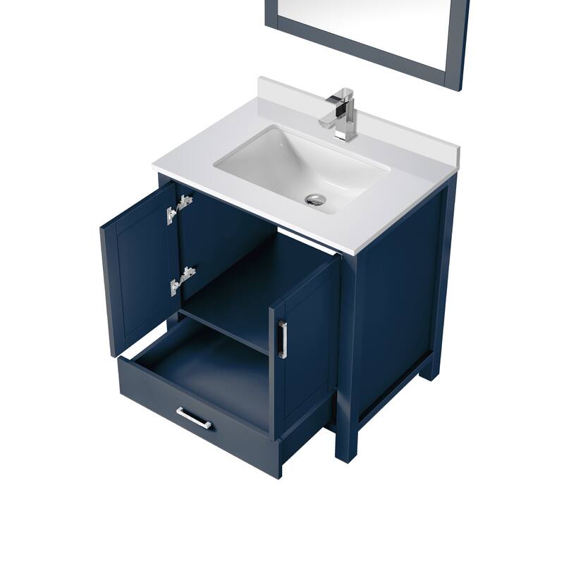 Jacques White Bath Vanity, Cultured Marble Top, Faucet Set and Mirror